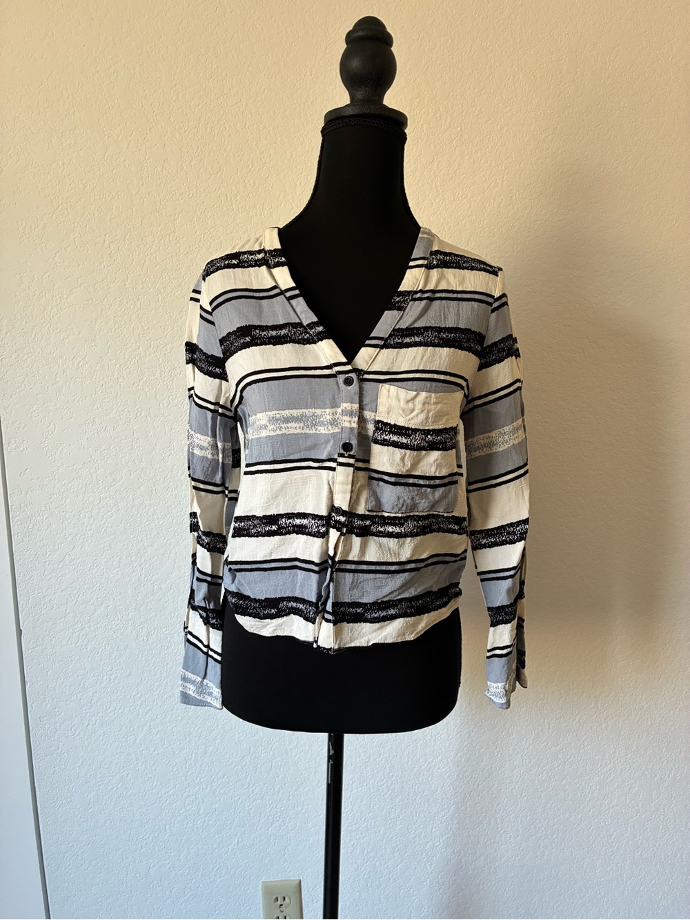 Topshop Black White Striped Button Front Top